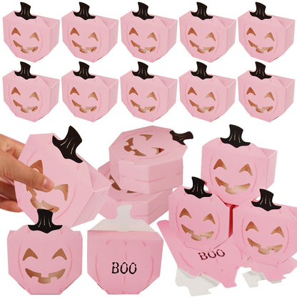 US Local 10 Pcs Halloween Pink Pumpkin Gift Boxes Unique Candy Boxes With Hollow Scary Smiley Face Window Trick Or Treat Candy Goodie Bags For Halloween Birthday Party Haunted House Table Decoration