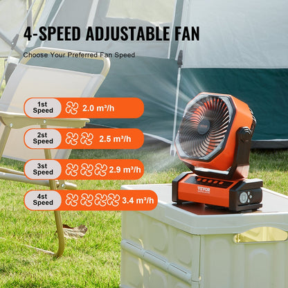US Local VEVOR Portable Fan Rechargeable 9 Inch, Battery Powered Fan With LED Lantern, 4 Speeds Adjustable  Automatic Swivel & Timer , USB Battery Operated Fans For Travel Bedroom Home Camping Office