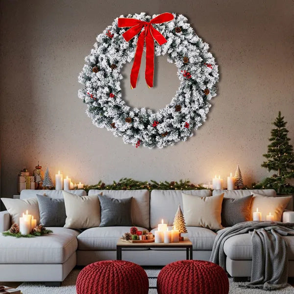 US Local 48in Pre-lit Snow Flocked Christmas Wreath, Lighted Artificial Xmas Wreath With 150 Warm White Lights And 450 PVC Tips And DIY Ornaments, For Front Door Gate Wall Xmas Party Decorations, Snowy Green
