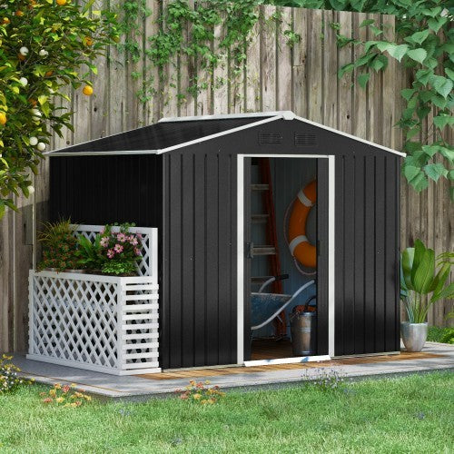 UK Local Outsunny 7.7 X 5.7ft Metal Garden Shed, Galvanised Outdoor Tool Storage House With Ventilation Slots And Sliding Doors, Grey