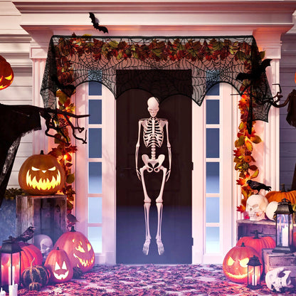 US Local Halloween Decoration Black Lace Spiderweb Fireplace Mantle Scarf Cover Festive Party Supplies Fireplace Scarf 96 X 18 Inch For Halloween Christmas Party Door Window Decoration