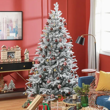 US Local 7 Ft Snow Flocked Artificial Christmas Tree With 1401 Tips, Foldable Metal Stand, Easy Assembly, Hinged Xmas Tree For Home, Office, Holiday, Green