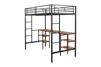 US Local Twin-Size Loft Bed With Built-in Table & Shelves - Heavy-Duty Metal