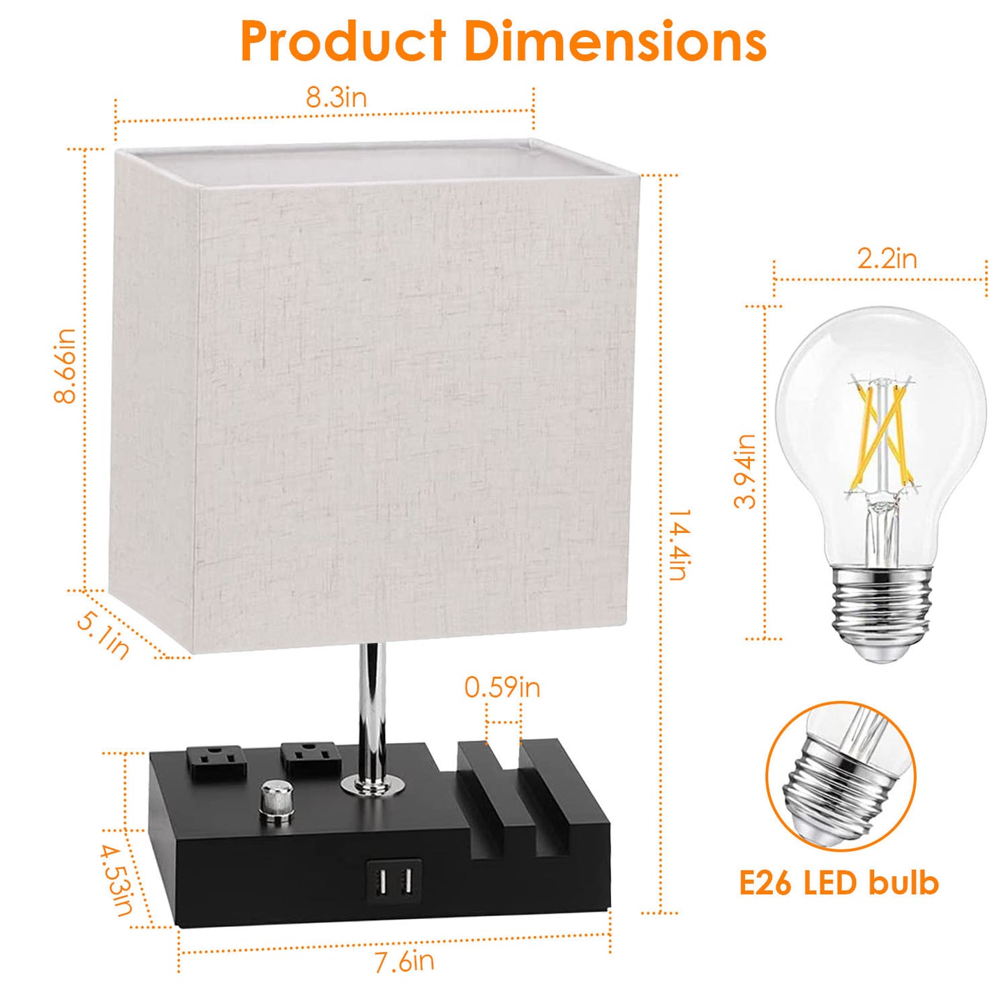 US Local 1Pc Fully Dimmable Table Lamp For Bedroom Living Room Bedside Lamp For Nightstand Dual USB Ports 2 Power Outlets LED Bulb Included