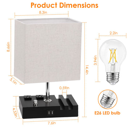 US Local 1Pc Fully Dimmable Table Lamp For Bedroom Living Room Bedside Lamp For Nightstand Dual USB Ports 2 Power Outlets LED Bulb Included