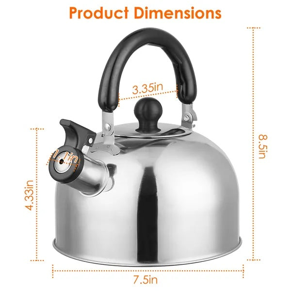 US Local 2.1Quarts Stainless Steel Whistling Tea Kettle Stovetop Induction Gas Teapot With Insulated Handle Camping Kitchen Office