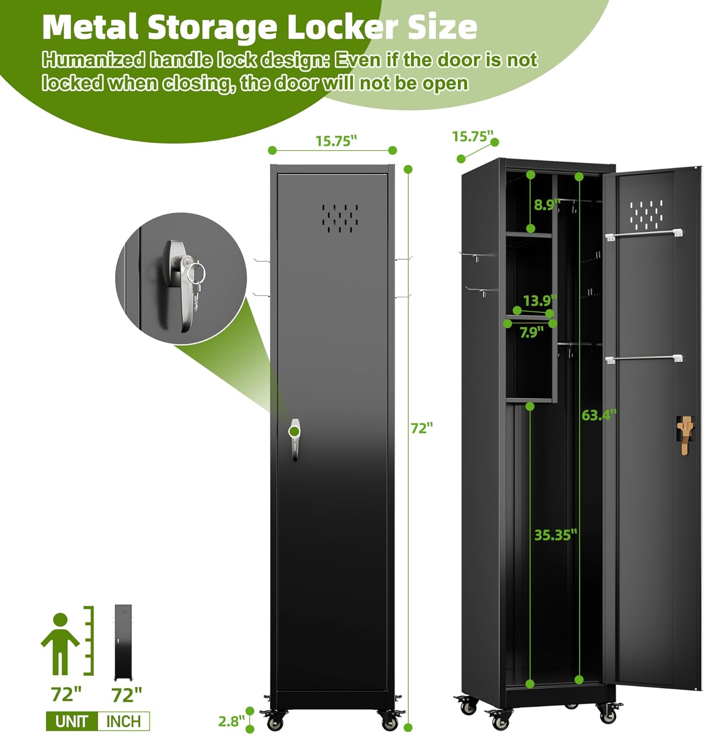 US Local Aobabo Lockable Storage Cabinet With Wheels, Metal Cleaning Tool Cabinet With Hooks, Cleaning Supplies For Broom Rack Shelf For Broom Mops Garage Storage, Black, Assembly Required