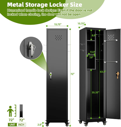 US Local Aobabo Lockable Storage Cabinet With Wheels, Metal Cleaning Tool Cabinet With Hooks, Cleaning Supplies For Broom Rack Shelf For Broom Mops Garage Storage, Black, Assembly Required