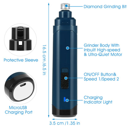 US Local 1Pc Dog Nail Grinder 2 Speeds Quiet USB Rechargeable Pet Nail Grinder Professional Pet Nail Trimmer Cordless Paws Grooming & Smoothing Claw Care For Small Medium Large Dogs & Cats