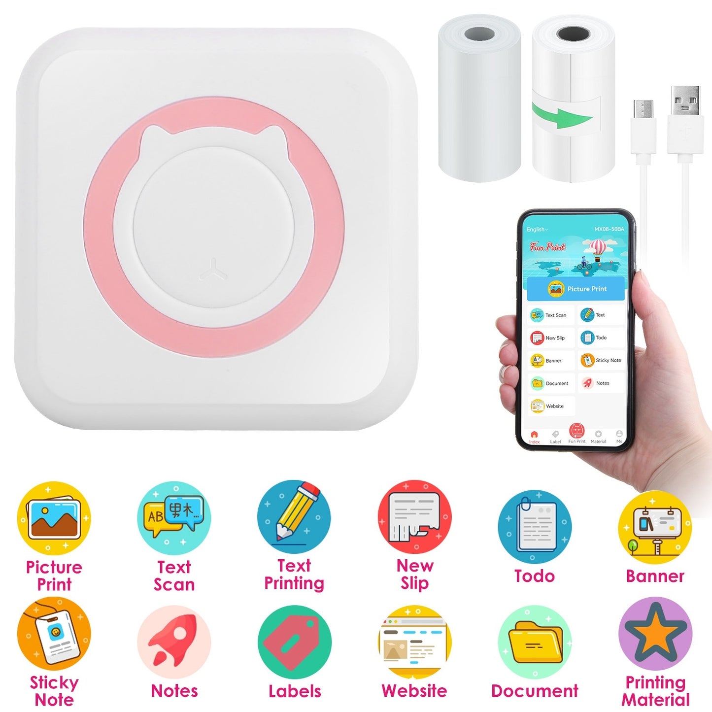 US Local Mini Printer - Printer Paper 'Options' -- Pocket Wireless Thermal Printer Portable Mini Sticker Maker Machine Rechargeable Inkless Photo Printer For Printing Label Journal Study Notes Memo Photos