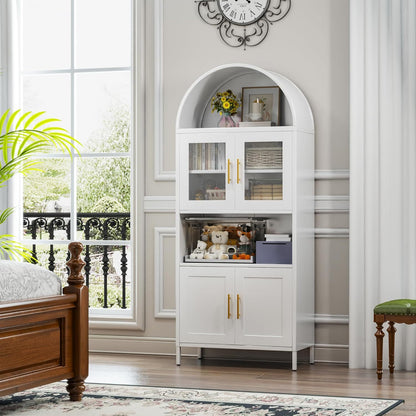 US Local 73 In Tall Metal Arched Cabinet, Kitchen Pantry Cabinet With Glass Door, Modern Farmhouse Arched Bookcase With 2 Adjustable Shelves For Living Room, White, Assembly Required