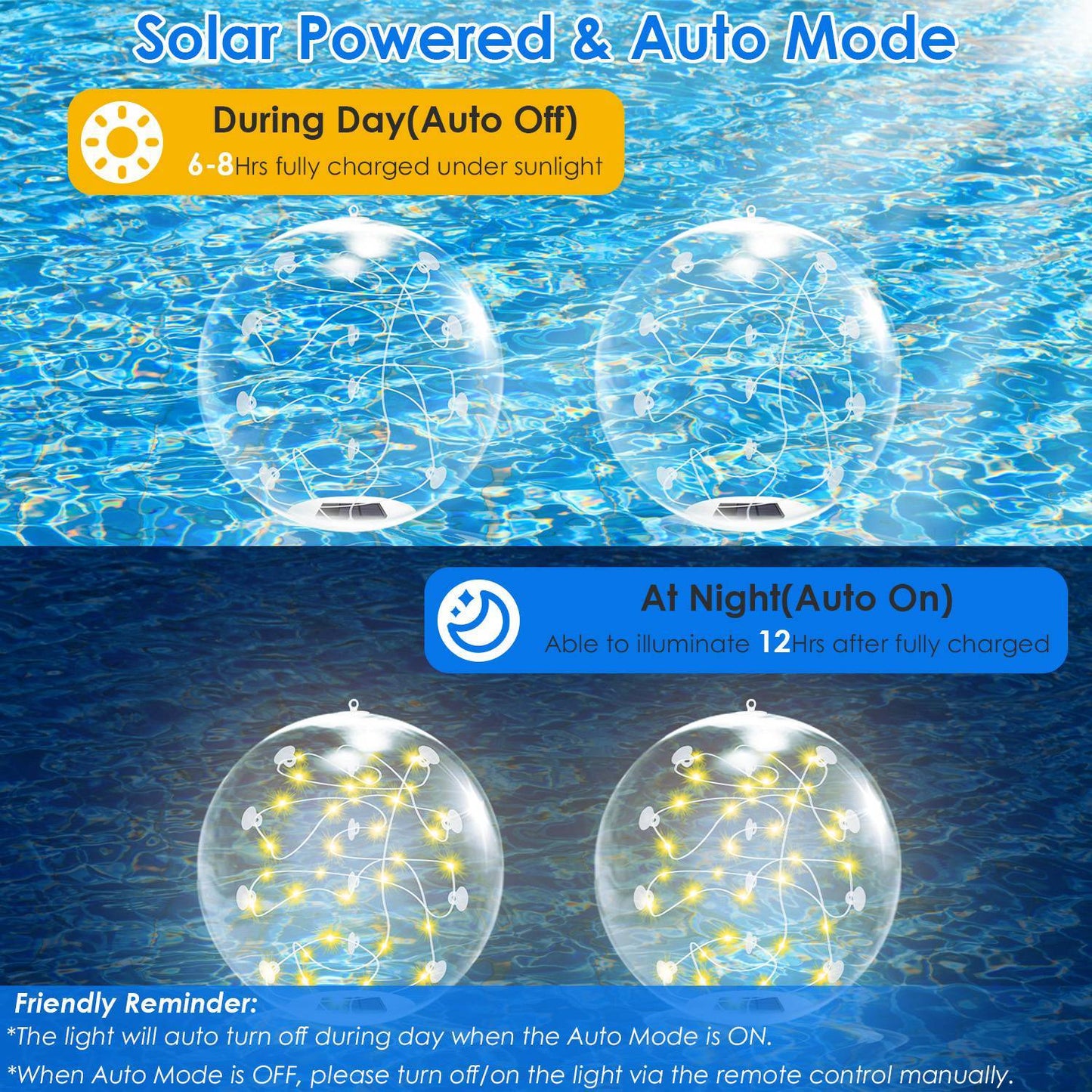 2Pcs Floating Pool Lights 14in Solar Powered Pool Balls IP68 Waterproof Inflatable Pool Decoration Lights With Remote Control 3 Light Modes Timer Adjustable Brightness
