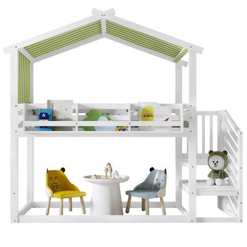 UK Local Bunk Bed, Teen Bed, Children's Bed, 3ft 90x190cm, MDF  Pinewood  Plywood, Decorative Canopy, Corner Staircase, With A Small Picture Bookshelf, White  Green