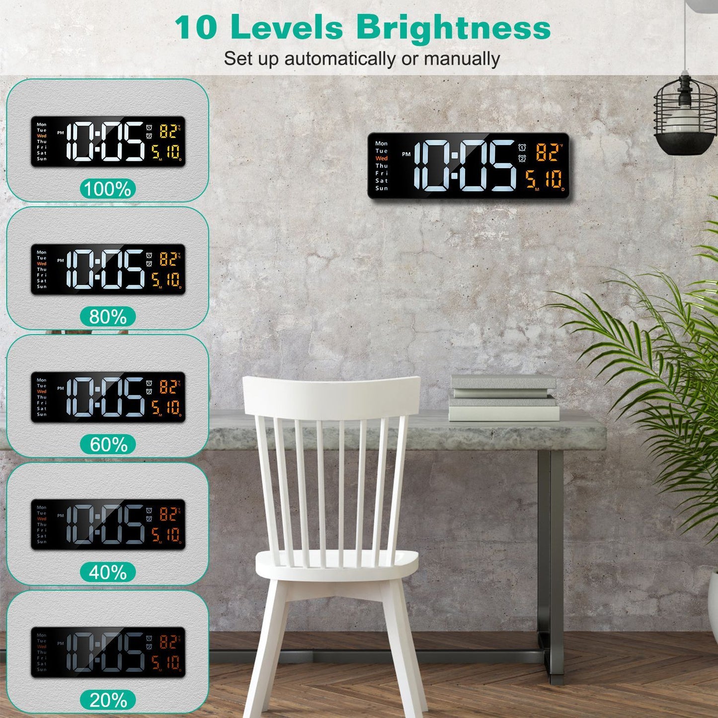 US Local 15.7in LED Digital Wall Clock With Remote Control 10 Level Brightness 3 Alarm Settings 12-24Hr Format Timing Countdown Temperature Calendar Display Decorative Clock For Office Home