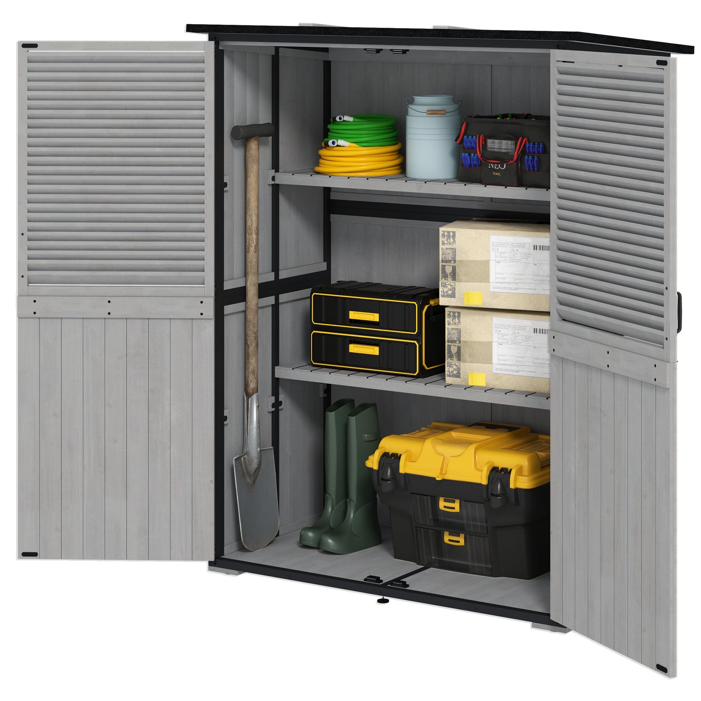 US Local Wood Storage Shed, Outdoor Garden Shed With Asphalt Roof, 2 Shelves, Lockable Doors And Adjustable Feet, Gray