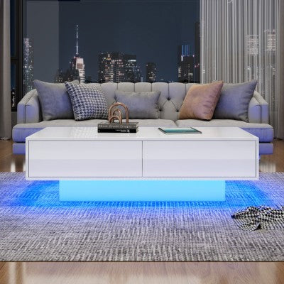 UK Local White High Gloss LED Coffee Table, Tea Table With 16 Colors LED Lights, Coffee Table With 2 Drawers Rectangular Table For Office, Store And Living Room