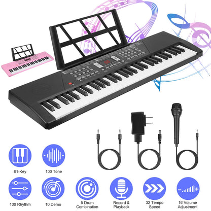 US Local 3 Types Options -- 1Pc 61 Keys Digital Music Keyboard Electric Piano Electronic Musical Instrument Kids Learning Keyboard With Microphone Stand For 3-12 Year Old Kids Girls Boys