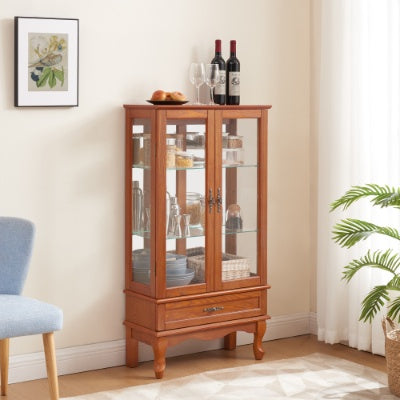 US Local Lighted Glass Cabinet Glass Wine Cabinet Curio Display Cabinet With Adjustable Glass Shelves 2 Doors And 1 Drawer Cabinet Bulb Included OAK