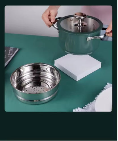 US Local 4 pcs Stainless Steel Ceramic Coated Pot Set, Including 1 Milk Pot, 2 Stockpots, 1 Non-stick Pan, 4 LIDS And 1 Steamer Green