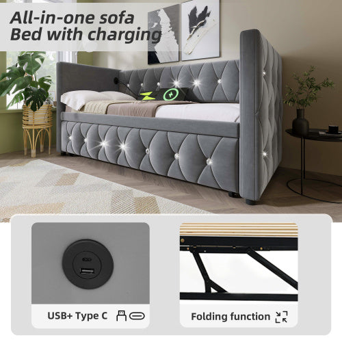 UK Local Daybed Single Upholstered Bed Sofa Bed With USB &Type C Charging Station, 3FT Single Bed 90 X 190 Cm With Trundle ,Pull Out Trundle For Living Room And Bedroom, Velvet