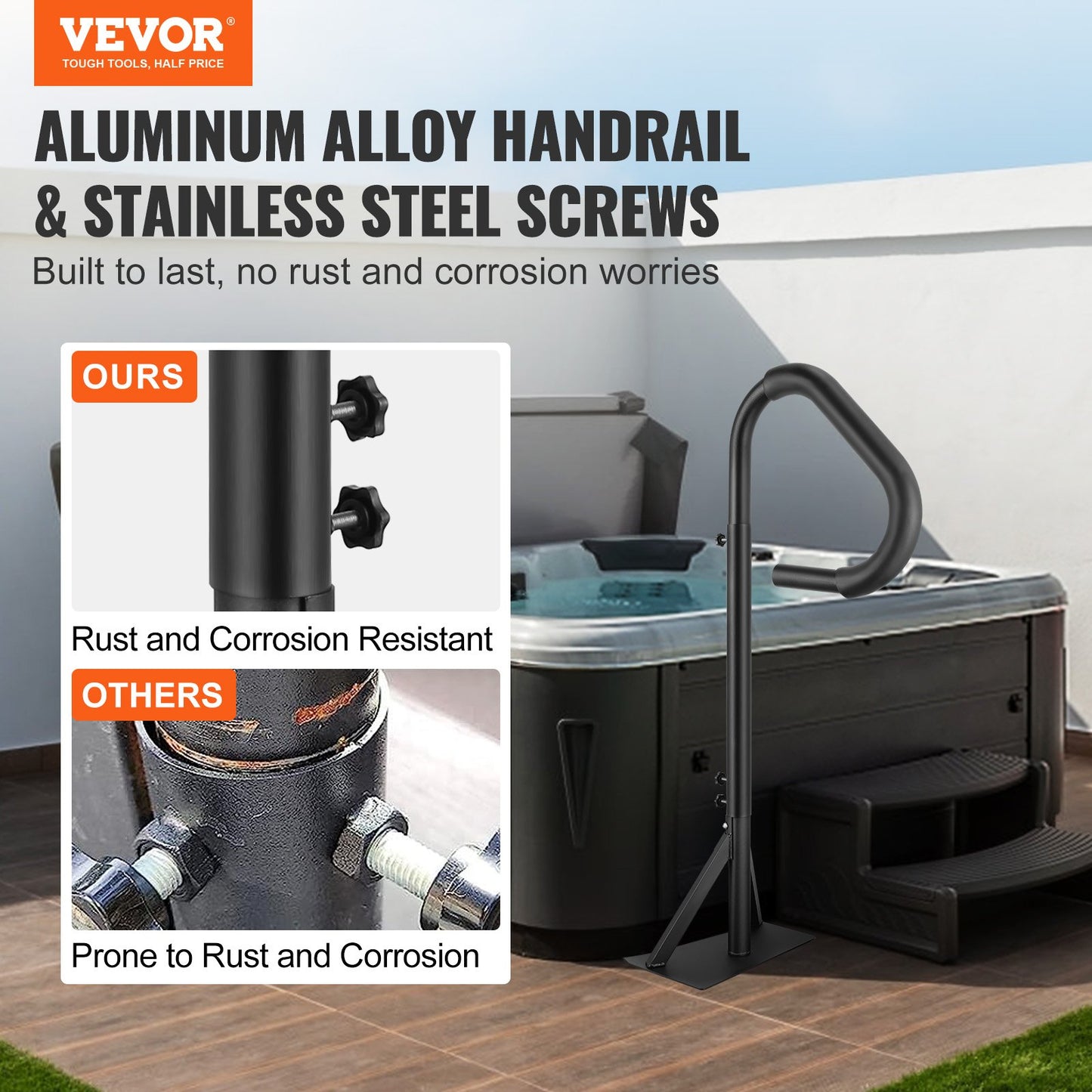 US Local VEVOR Hot Tub Handrail, 360 Rotatable Spa Side Handrail With Adjustable Height, Rust-proof Aluminum Spa Step Hot Tub Hand Rail With Slide-Under Mount Base For Indoor & Outdoor, 600LBS Capacity