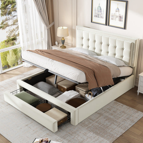UK Local Upholstered Bed,Double Bed-4ft6135X190cm, Velvet Fabric, Double Bed, Large Storage Space,With Slats And Headboard,Without Mattress,Cream