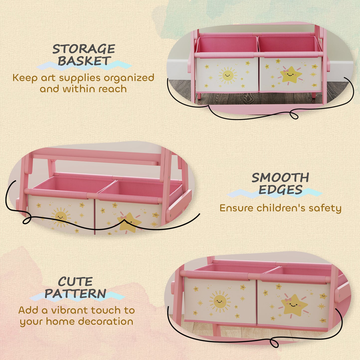 US Local Art Easel , Double-Sided Whiteboard & Chalkboard With Paper Roll, Storage Baskets , Pink