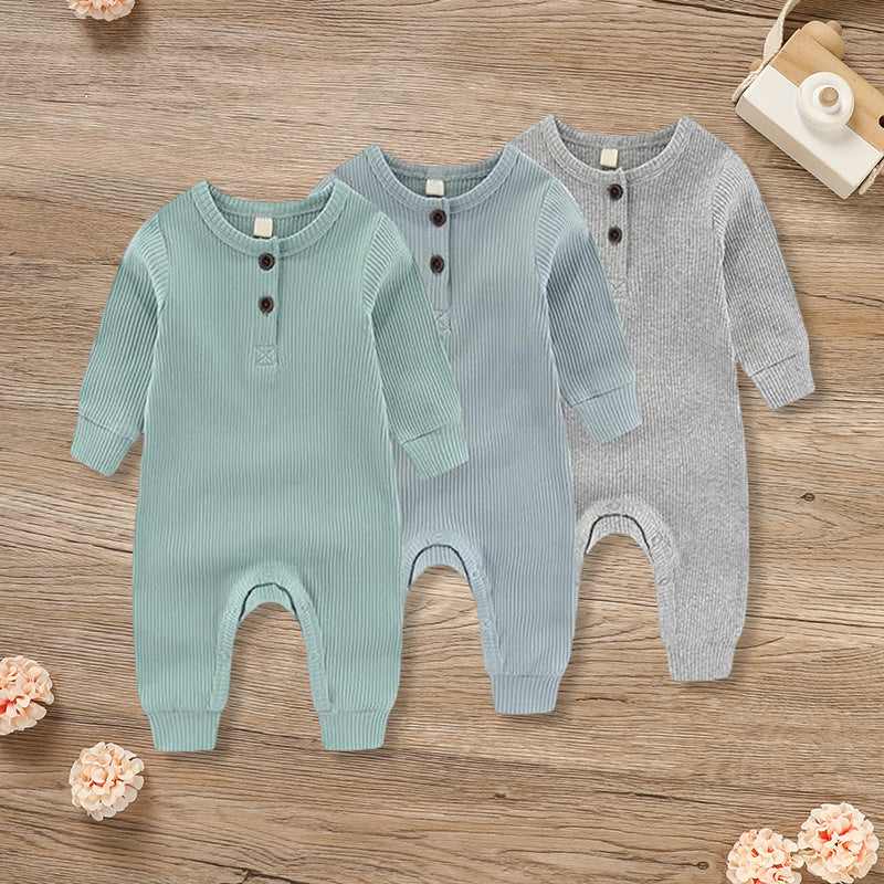 US Local 3-Pack Newborns Infants Baby Boys & Girls Long Sleeve Ribbed Romper Soft Button Front Jumpsuit