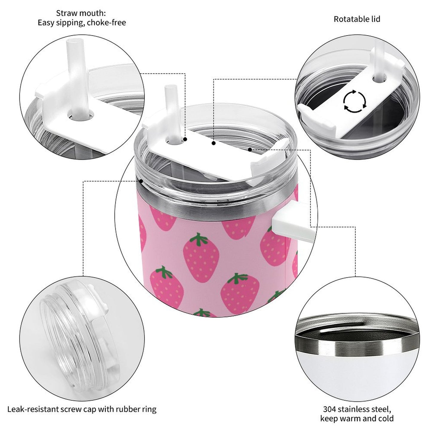 PHDT00494 POD US Local Tumbler 40oz Large Capacity Car Cup Pink, Strawberry