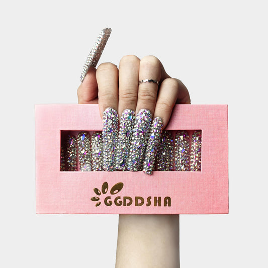 US Local GGddsha 2025 Long Novel Design And Reusable PMMAAcrylic Press On Nails  Handmade Nails Full CoverLuxurious 3D Crystal False Nails With Box Gifts,Stellar Shine