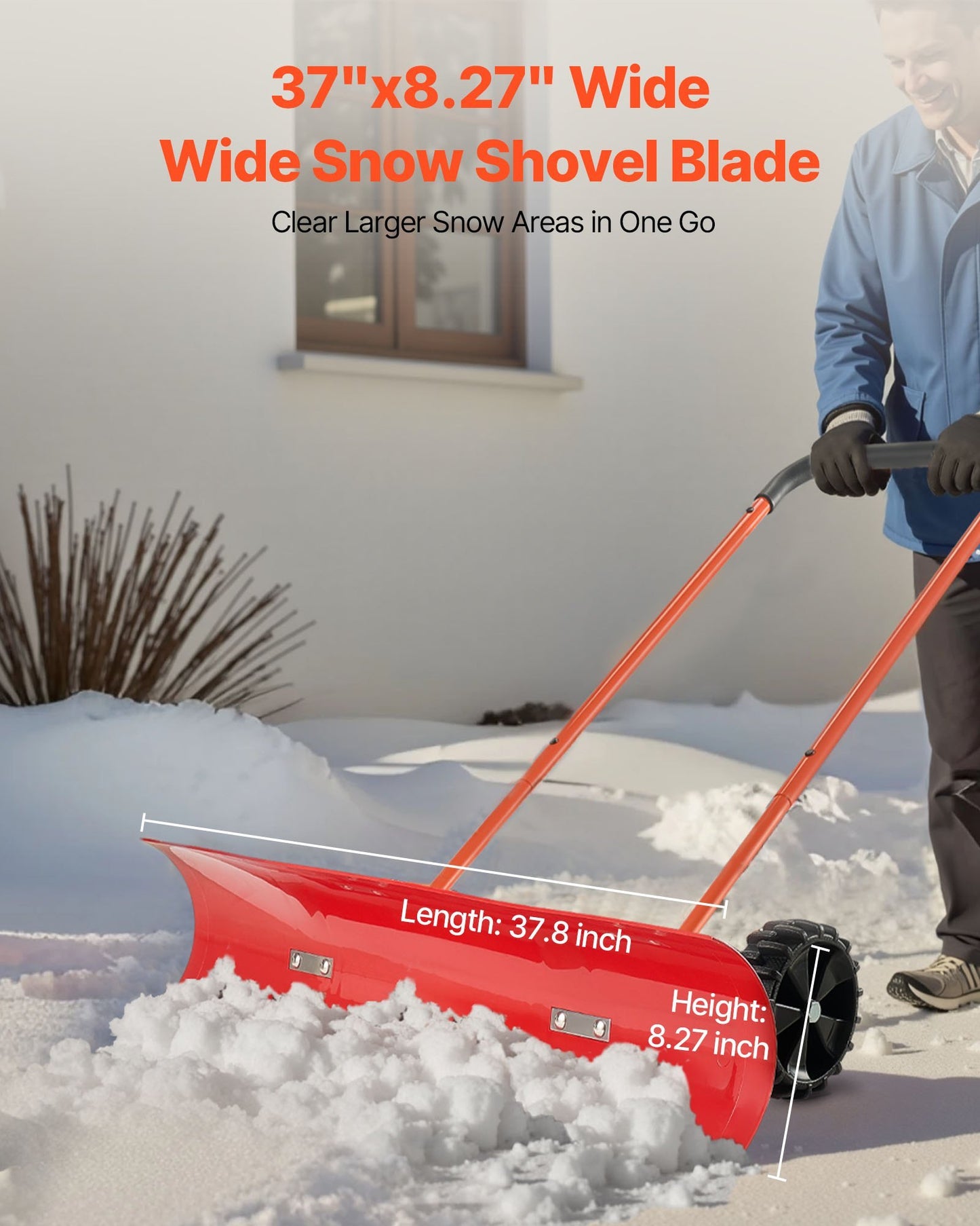 US Local Snow Pusher Shovel With Wheels 37.8 In Plastic Winter Snow Plow For Driveway