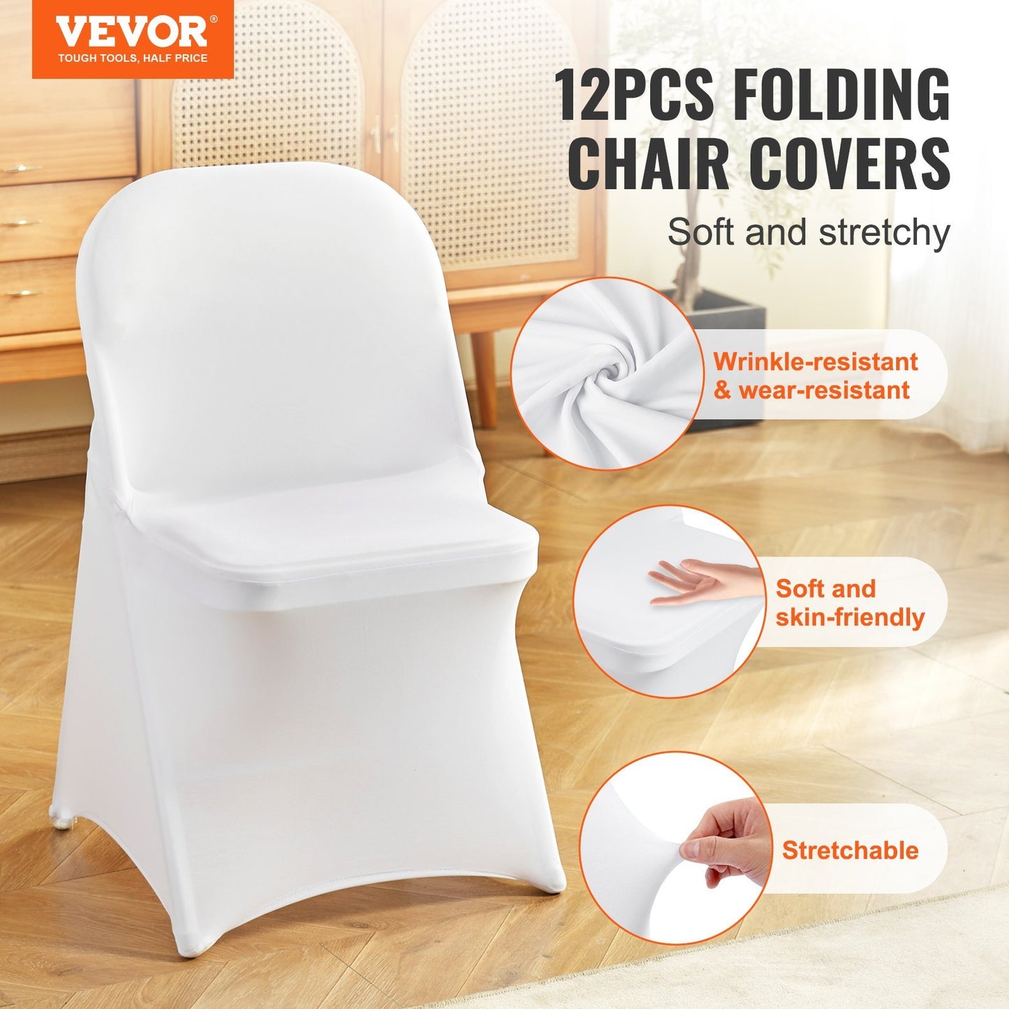US Local VEVOR White Stretch Spandex Chair Covers - 12 PCS, Folding Kitchen Chairs Cover, Universal Washable Slipcovers Protector, Removable Chair Seat Covers, For Wedding Party Dining Room Banquet Event