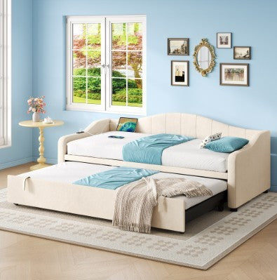 UK Local Upholstered Bed 90x190cm, Daybed, Sofa Bed With Charging Station, 3ft Single Velvet Bed With USB And Type - C Ports, Pull Out Trundle Bed For Living Room Bedroom Study Room, Beige No Mattress