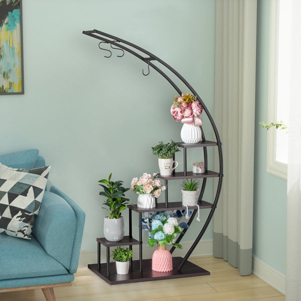 US Local 2pcs, 5-layer Semi-circular Iron Wood Black Iron Flower Rack