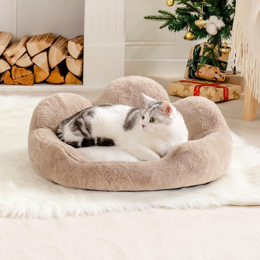 MEWOOFUN Round Cat Bed For Indoor Cats - Cozy Washable Fluffy Pet Couch With Anti-Slip Bottom, Small Dog & Puppy Bed For Kittens 23, Khaki