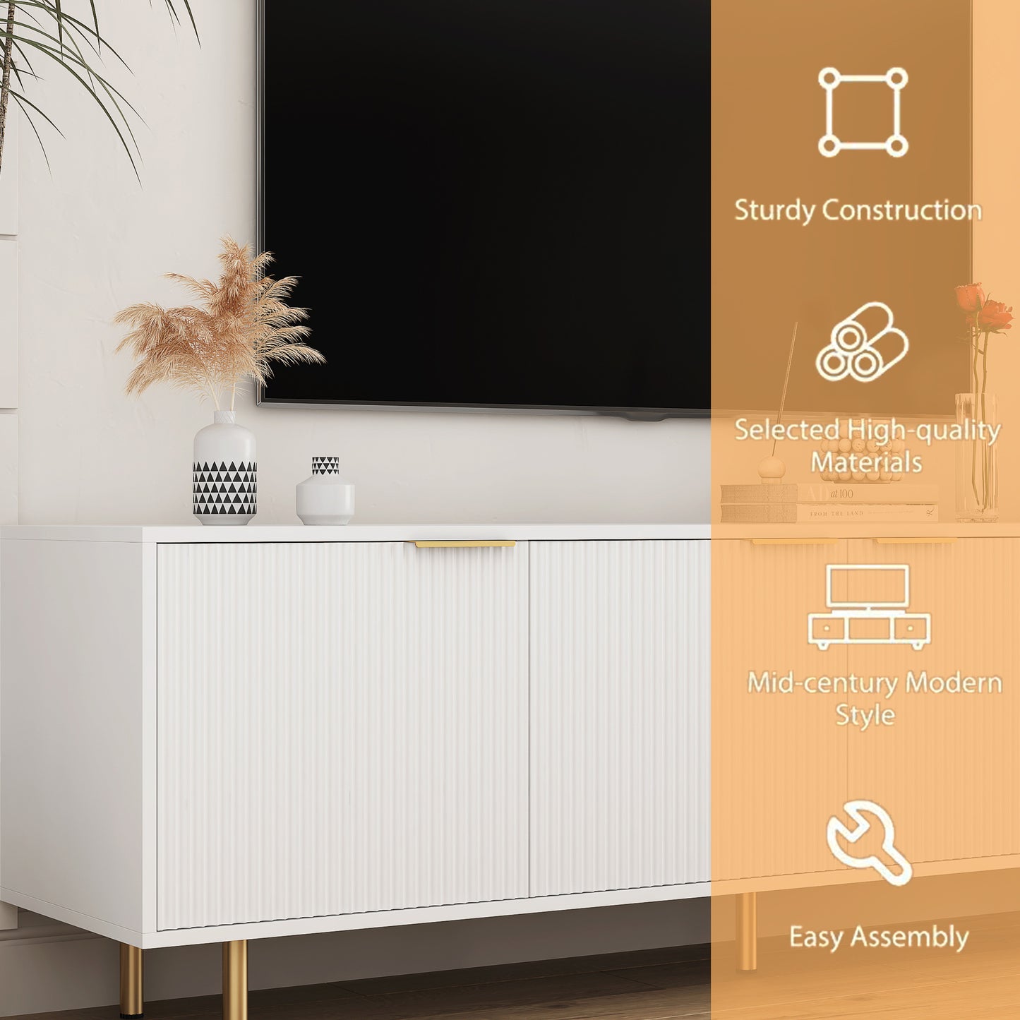 US Local White Modern TV Stand Fluted T, Entertainment Center With Storage Doors, TV Console Media Cabinet, For 55 Inch TV, Living Room