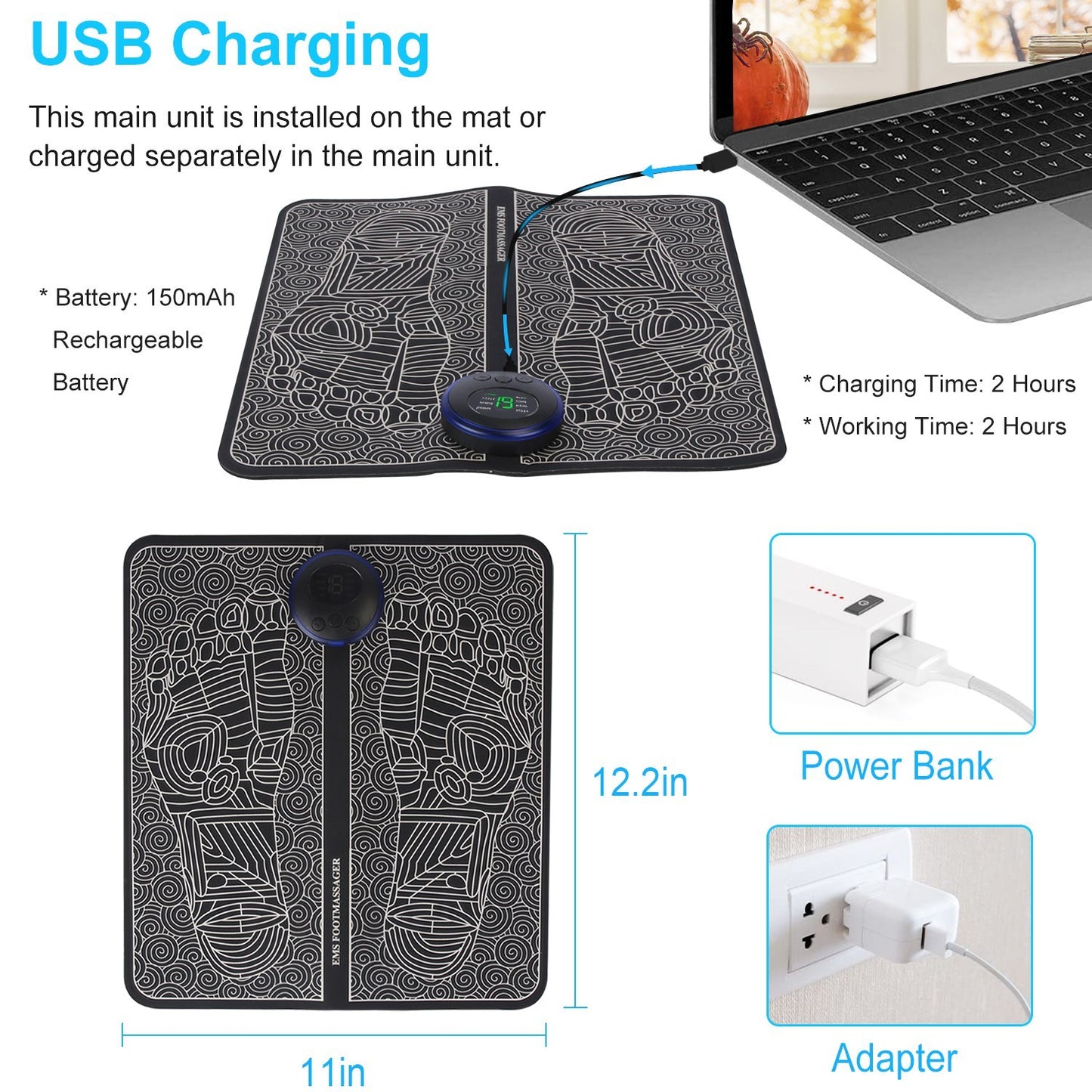 US Local 1 Pc Foot Massage Pad Electric Stimulator Massager Unit Leg Reshaping Muscle Pain Relax Foldable Massage Mat With 8 Modes 19 Intensity Levels Remote Control