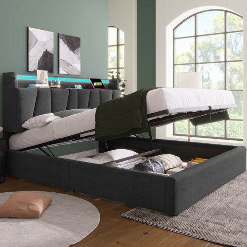 UK Local Upholstered Double Bed With USB Charging Function, Storage Headboard And LED Lighting, 5ft King Size Bed Storage Bed Frame 150 X 200 Cm, Wooden Slatted Frame, Grey No Mattress