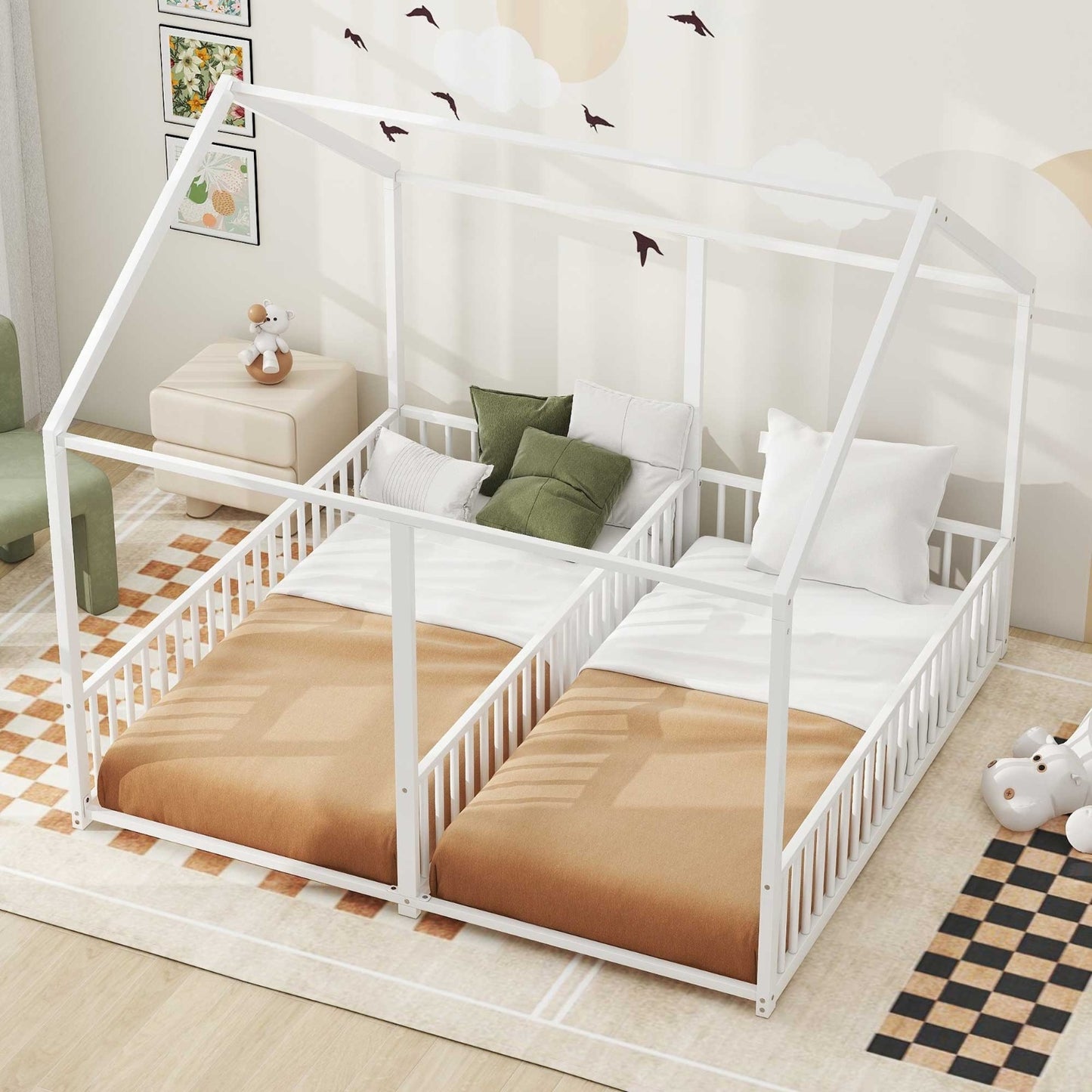 US Local Metal Twin Size House Platform Beds, Two Shared Beds, White