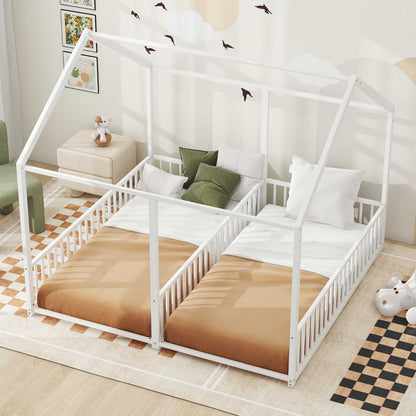 US Local Metal Twin Size House Platform Beds, Two Shared Beds, White
