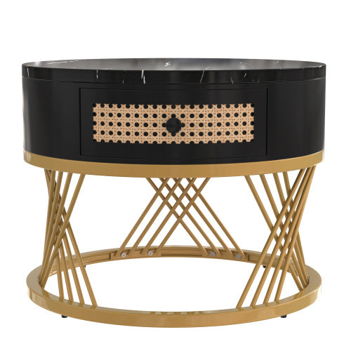 UK Local 2 In 1 Round Coffee Table Made Of MDF With Marble Grain Veneer Top, Rattan Drawers And Solid Wood Handles. Gold Coloured Iron Legs. 70x70x45.5  50x50x38.5cm