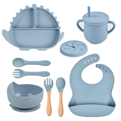 8-piece Children's Silicone Tableware Set Dinosaur Silicone Plate Bib Spoon Fork Cup Baby Silicone Plate