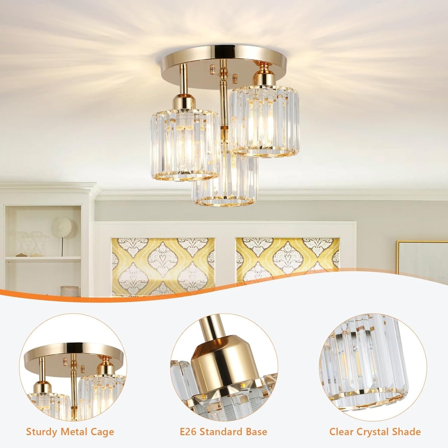 US Local Modern Semi Flush Mount Ceiling Light,3-Light Crystal Close To Ceiling Light Fixtures,Golden Kitchen
