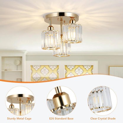 US Local Modern Semi Flush Mount Ceiling Light,3-Light Crystal Close To Ceiling Light Fixtures,Golden Kitchen