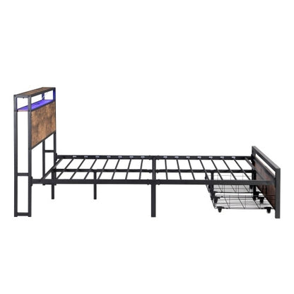 US Local Queen Size Bed Frame With Storage Headboard And 2 Drawers, LED Lights Bed With Charging Station