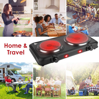 US Local 1Pc 2000W Electric Infrared Dual Burner Portable Heating Hot Plate Stove Countertop RV Hotplate With Glass Cooktop Stepless Temperature Adjustments For Home RV Camp