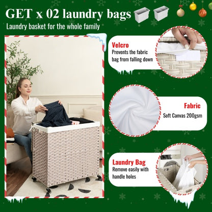 US Local Laundry Hamper With Lid PE Rattan Powder Coating Frame Clothes Hampers With 02 Removable Bags, Wheels, 160L, Gray Color