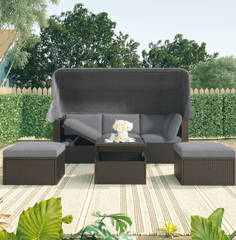 US Local U Style Patio Rectangle Daybed With Canopy, Wicker Sectional Seating