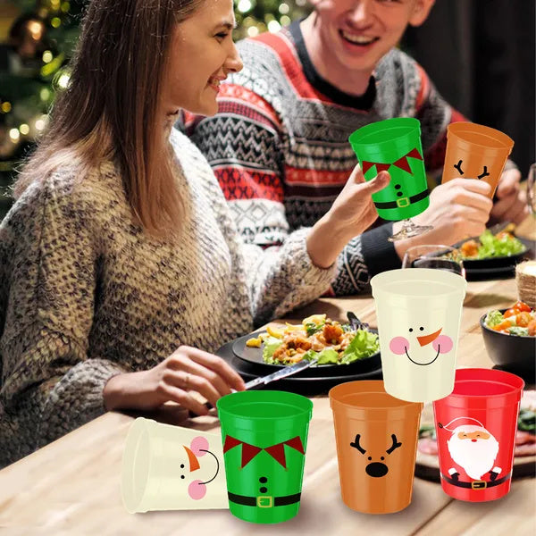 US Local 12 Pcs Christmas Drink Cups 4 Styles Patterns Santa Claus Snowman Elk Coffee Cup For Christmas New Year Holiday Party Favors Coffee Wine Cold Drinks Supplies