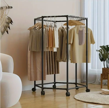 US Local Space-Saving Hexagonal Clothes Drying Rack - Sturdy Metal Floor Standing Coat Rack With Multiple Rods, Suitable For Bedroom, Dormitory, And Balcony, Holds Multiple Garments, Dorm Room Furniture